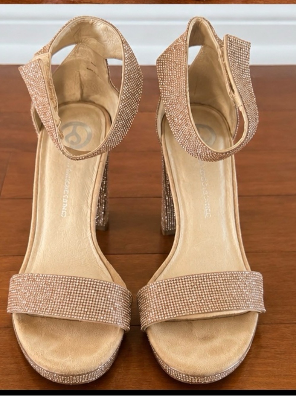 Women’s Rose Gold Rhinestone Block Heel Sandals